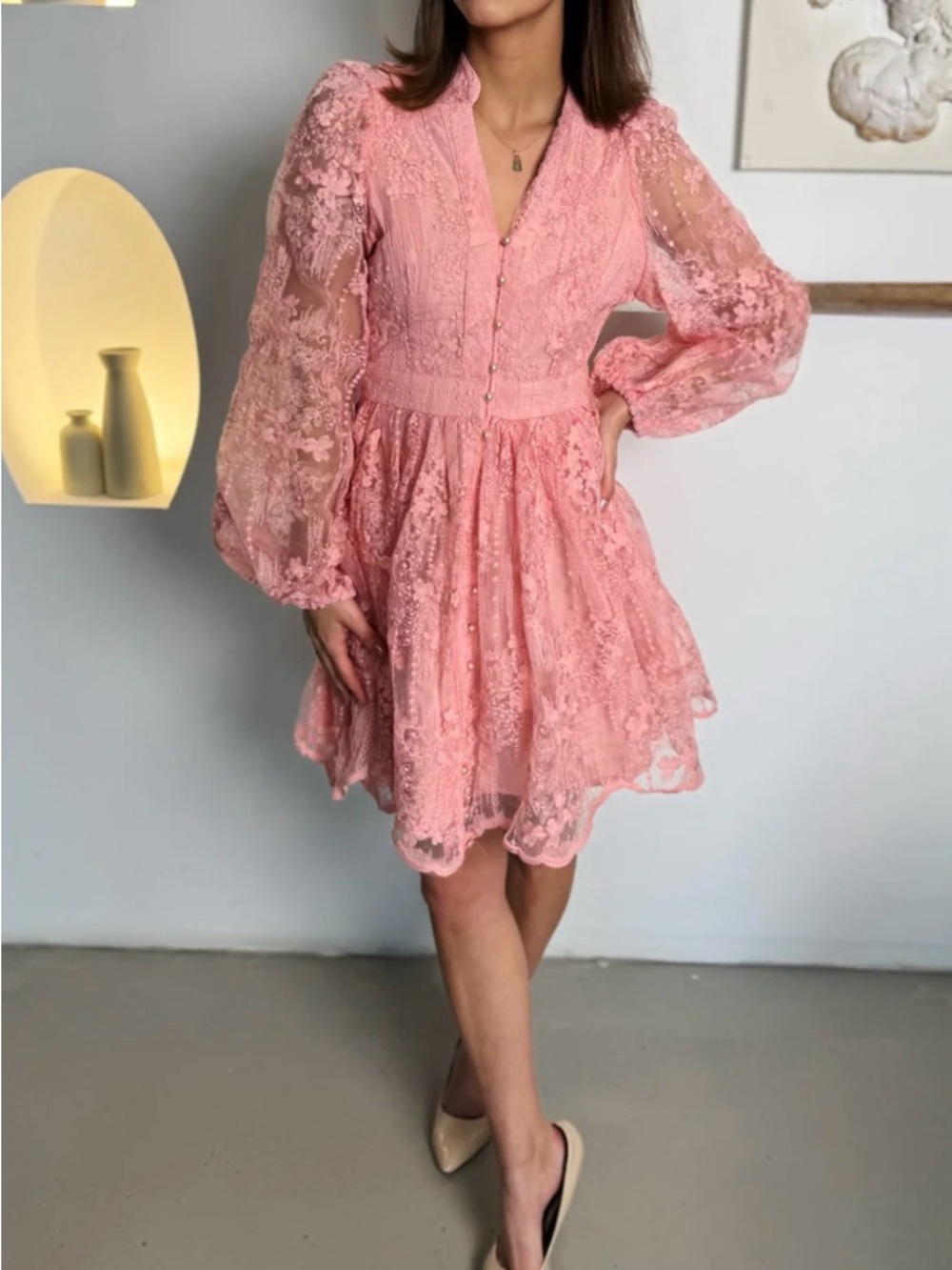 Vintage Floral Embroidery Dress Women Long Sleeve Party Dress Size S